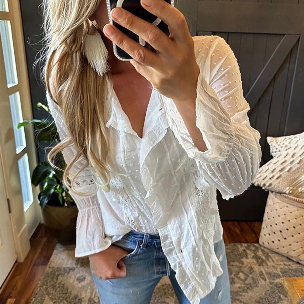 Long Sleeve Button Front White Cotton Top Women's Clothing